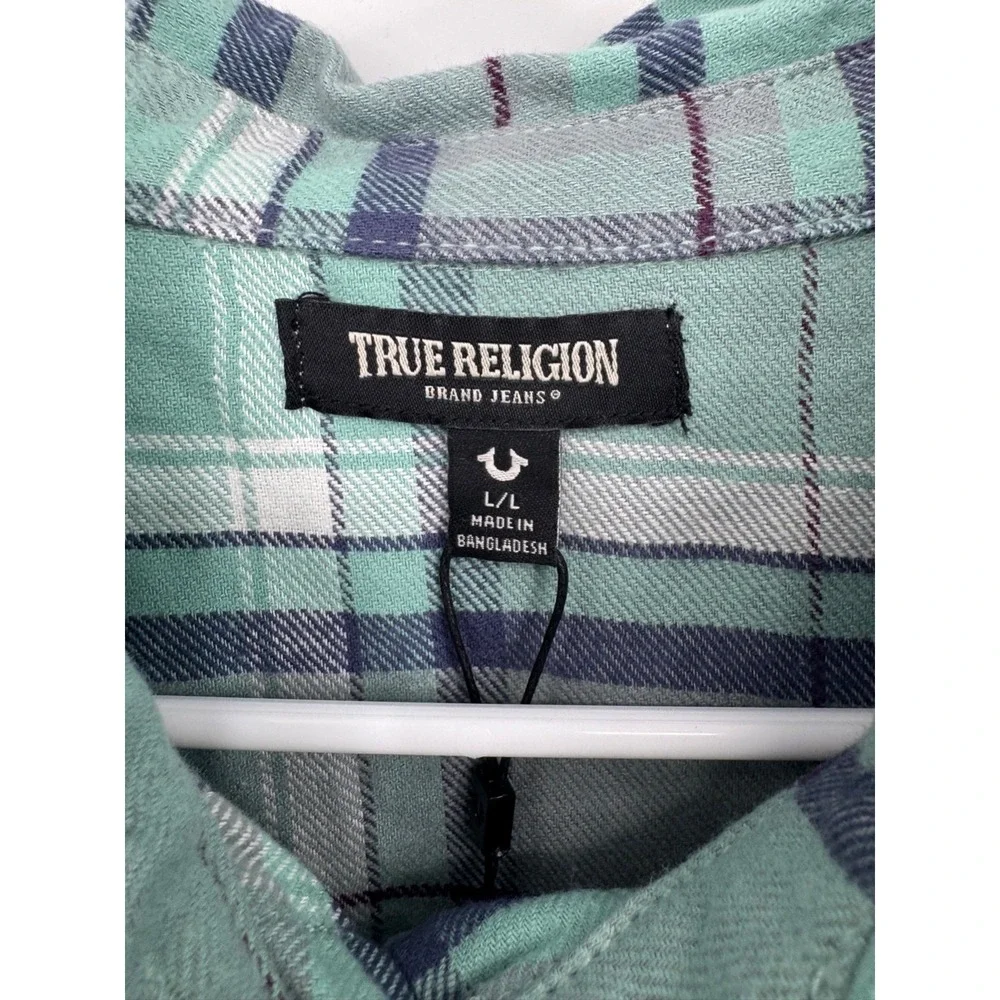 NWT True‎ Religion Western Plaid Flannel Shirt Men's Large Teal Grey Long Sleeve